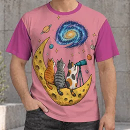 Cats Watching a Spiral Galaxy Beneath Moonlight for Cozy Stargazing with Cat Lovers All-over Print Unisex T-shirt