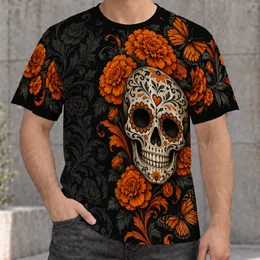 Orange Marigolds Charcoal Foliage Sugar Skull Marigolds And Butterflies For Day Of The Dead All-over Print Unisex T-shirt