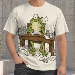 Overworked Green Frog at Desk for Study Breaks and Office Humor for Students and Teachers All-over Print Unisex T-shirt