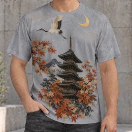 Japanese Pagoda, Maple Leaves and Crane for Autumn Outings and Everyday Wear All-over Print Unisex T-shirt