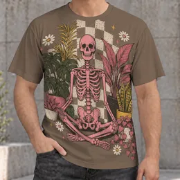 Meditating Pink Skeleton With Potted Plants For Alternative Everyday Streetwear All-over Print Unisex T-shirt