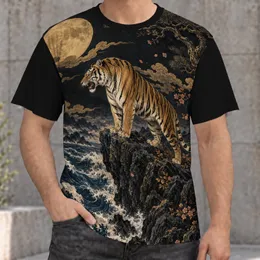 Tiger Moonlit Waves and Pine Scene for Everyday Streetwear and Nature Lover Gifts All-over Print Unisex T-shirt