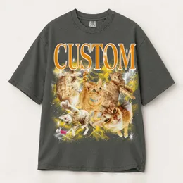 Personalized Bootleg Tee – Custom Pet Photos & Name, Y2K Chrome Lightning Cat Dog Photo Collage Gift
