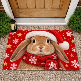 Santa Hat Bunny with Snowflakes for a Cozy Christmas Home, Holiday Animal Lovers Doormat