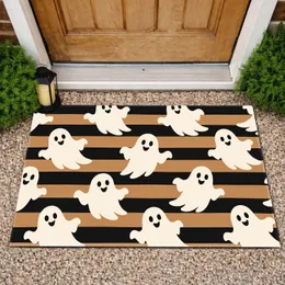 Cute White Ghosts on Black and Tan Stripes for Spooky Seasonal Entryway Charm Doormat