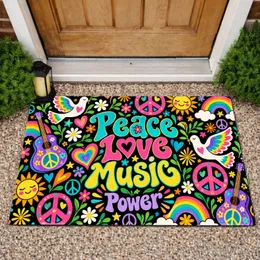 Colorful Psychedelic Peace Signs And Daisies For Free-Spirited Music Lovers At Home Doormat