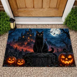 Black Cat Haunted Castle Halloween Scene for Spooky Seasonal Home Decor and Autumn Nights Doormat