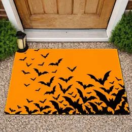 Black Bat Flock on Golden Orange for Halloween Entryway and Seasonal Home Decorating Doormat