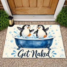 Playful Penguin Pair in Blue Bathtub for Quirky Bathroom Decor and Nature Lovers Doormat