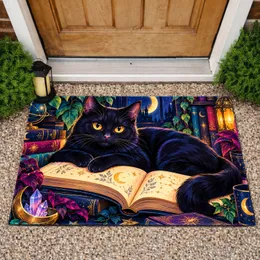 Neon Black Cat Resting On Open Book For Cozy Study Rooms And Bookish Cat Lovers Doormat