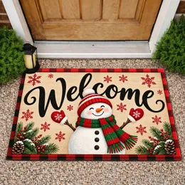 Snowman Welcome and Buffalo Check Christmas Cheer for Cozy Winter Holiday Gatherings Doormat