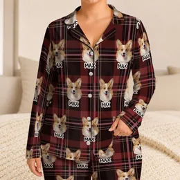 Personalized Pet Face Pajamas – Custom Dog & Cat Photo and Name, Plaid Satin Pajama Set Christmas Gift