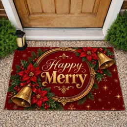 Red Gold Christmas Bells and Holly for a Warm Festive Holiday Home Entryway Celebration Doormat