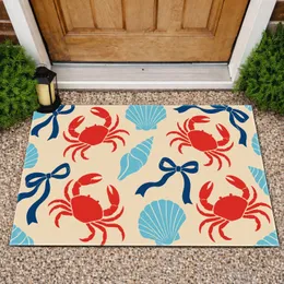Red Crabs, Blue Seashells And Navy Bows For A Relaxed Coastal Beach House Escape Doormat