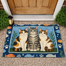 Three Playful Cats with Fish Motifs for Cozy Cat Lover Homes and Pet-Friendly Living Doormat