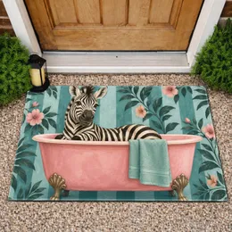 Playful Zebra Relaxing In Pink Bathtub For Whimsical Bathroom Animal Lover Decor Doormat
