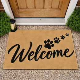 Black Welcome Lettering with Dog Paw Prints for a Warm, Pet-Friendly Home Entryway Doormat