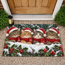 Four Festive Cats in Snowy Holly for Cozy Christmas Winter Holiday Home Decor Seasonal Doormat