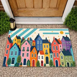 Colorful Geometric Town Houses for Cheerful Everyday Home Entryways and Cozy Living Spaces Doormat