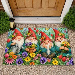 Four Garden Gnomes Among Colorful Flowers for Whimsical Cottage Entryway Cheer Doormat