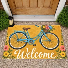 Blue Bicycle Welcome With Flower Basket for Cheerful Everyday Home Entryways and Cyclists Doormat