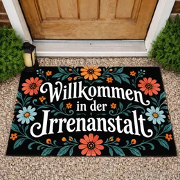 German Floral Typography for a Playful, Quirky Entryway Welcome and Home Decor Doormat
