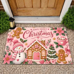 Pink Christmas Gingerbread House and Snowman Holiday Cheer for Cozy Seasonal Homes Doormat