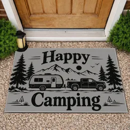 Happy Camping Camper Trailer And Pine Trees For Rustic Outdoor Adventure Enthusiasts Doormat