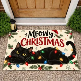 Playful Black Cat Tangled in Christmas Lights for Festive Holiday Cheer at Home Doormat