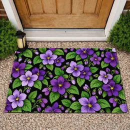 Purple Flower And Green Leaf Botanical Motifs For A Bold Colorful Home Entryway Doormat