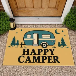 Teal Camper Trailer and Happy Camper Saying for Camping Enthusiasts and Outdoor Lovers Doormat