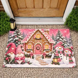 Pink Gingerbread House with Gnomes and Snowmen for Cozy Christmas Winter Cheer Doormat