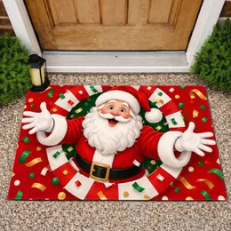 Cartoon Santa Emerging Through Red Tiles for Christmas Holiday Cheer Doormat