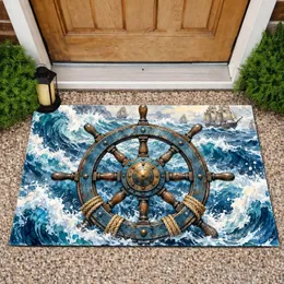 Nautical Ship Wheel Over Ocean Waves for Coastal Entryway Style and Seafaring Homes Doormat