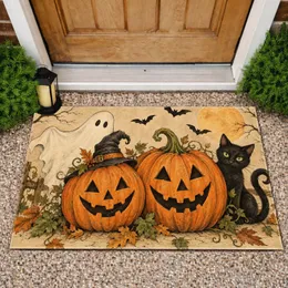 Jack-O’-Lanterns, Ghost And Black Cat For A Spooky Halloween Entryway Doormat