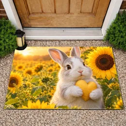 White Rabbit Holding a Golden Heart Among Sunflowers for Cozy Cottage Living Style Doormat