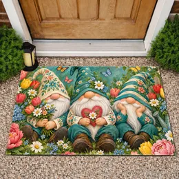 Three Garden Gnomes With Tulips And Butterflies For A Cheerful Springtime Home Entry Doormat