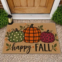 Autumn Pumpkin Trio with Happy Fall Greeting for Cozy Farmhouse Entryway Decor Doormat