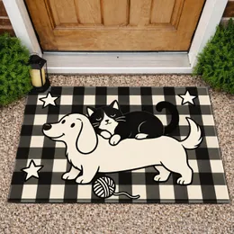 Black Cat Resting on White Dog for Cozy Farmhouse Pet Lovers Doormat