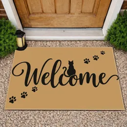 Black Cat Welcome Script with Paw Prints for Cozy Cat Lover Entryway and Home Style Doormat