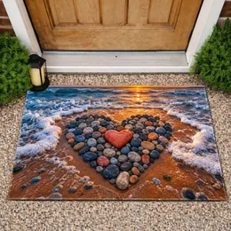 Sunset Shore Pebble Heart Scene for Coastal Home Entryway Style and Beach Lovers Doormat