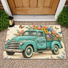 Vintage Flower Truck And Tulips For Cheerful Springtime Home Entry Style Doormat