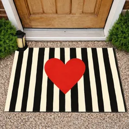Black And Ivory Stripes With Red Heart For A Bold Everyday Entryway Style Classic Doormat