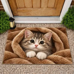 Fluffy Kitten Peeking From Cozy Blanket Nest for Cat Lovers and Cozy Homes Doormat