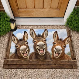 Three Laughing Donkeys at Rustic Barn Window for Farmhouse Country Home Animal Lovers Doormat