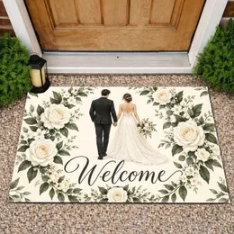 Wedding Couple With Ivory Roses And Greenery For A Romantic Bridal Home Entry Welcome Doormat