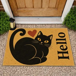 Black Curled Cat and Red Heart for Cozy Pet-Loving Homes and Cat Enthusiasts Doormat