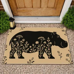 Black Hippo Wildflower Silhouette for Nature Loving Homes and Animal Lovers Gift Idea Doormat