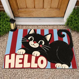 Playful Black Cat With HELLO Lettering for Cheerful Everyday Entryway Decorating Doormat