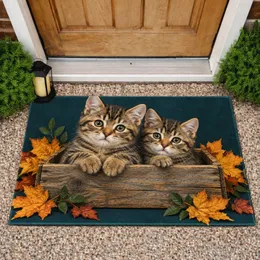 Two Tabby Kittens Peeking From Rustic Wood, Cozy Autumn Home Accent for Cat Lovers Doormat